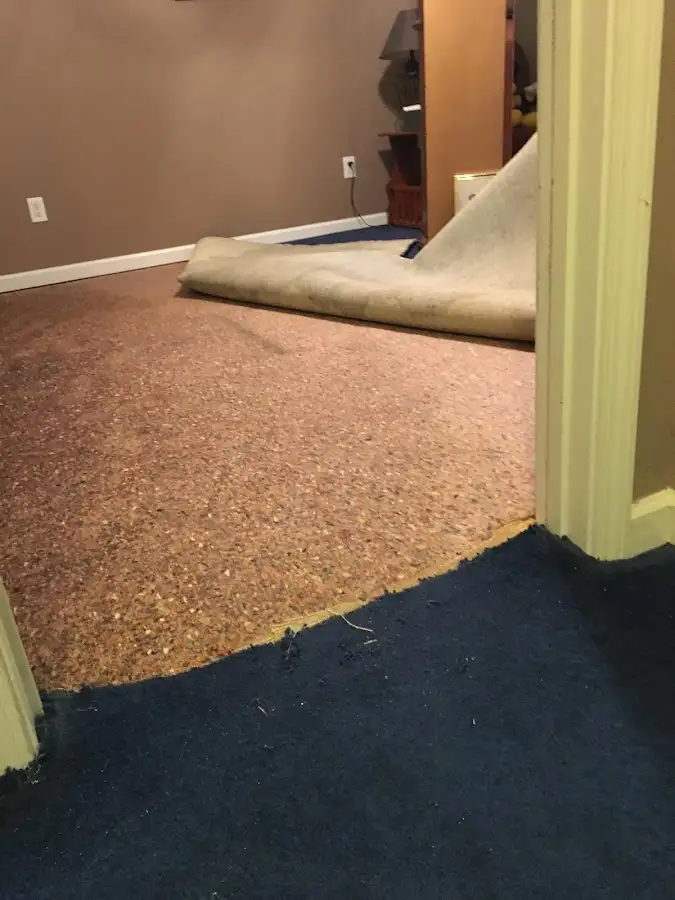 Carpet pad removal revealing water damage during Water Mitigation Services in Riverdale